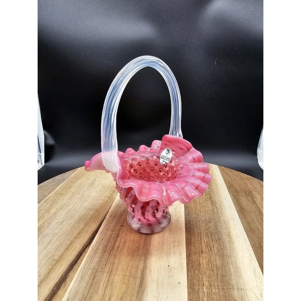 Fenton Cranberry Pink Opalescent Hobnail‎ Basket Clear Handle 6